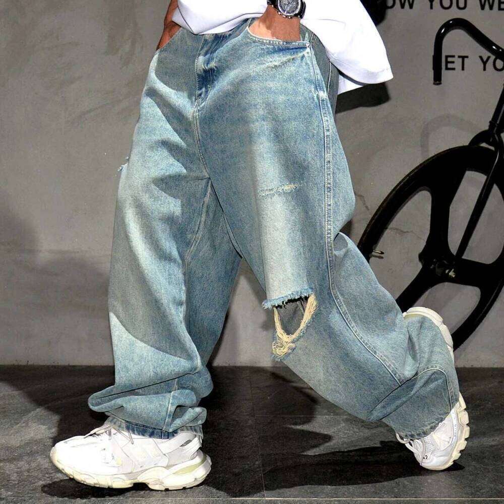 Korean Fashion Ripped Men Clothing High Quality Hip Hop Baggy Jeans American Streetwear Skateboard Denim Trousers Male 250726