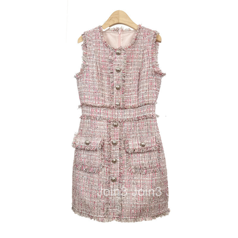 Summer Autumn New French Style Small Fragrance Tassel Tweed Slim Fit Bodycon Base Vest Sleeveless Dress Short Skirt