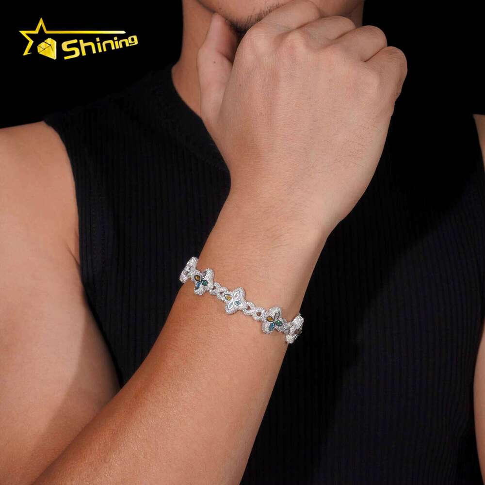 Luxurious Iced-Out Hip-Hop Moissanite Sier Cuban Chain Trendy Colorful Flower Clover Bracelet