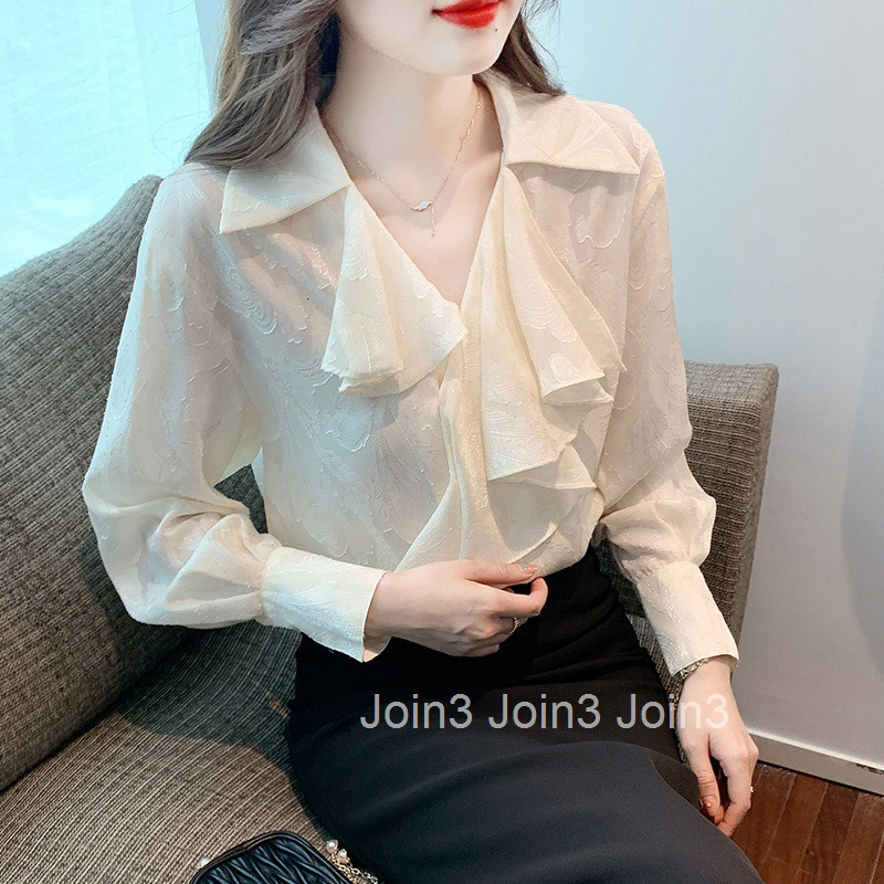 Spring and Autumn French Style Plus Size Womens Fashion Design Ruffled Blouse Chiffon Shirt Womens Blouse Shirt