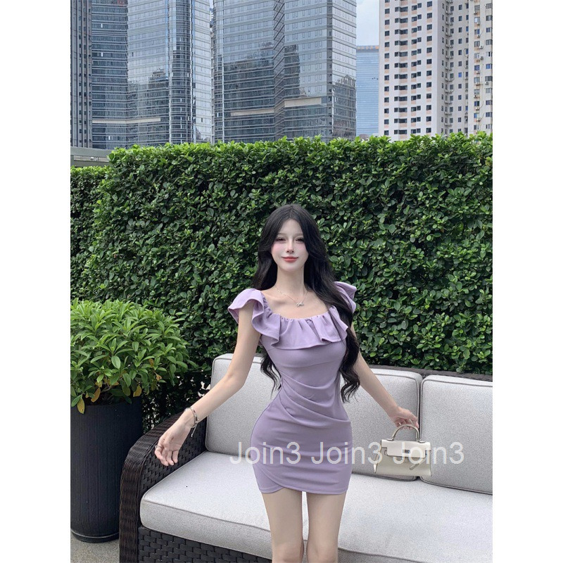 Summer New Ruffled Collar Slim Fit Bodycon Dress Off-Shoulder Two-Way Wear Slimming Short Dress