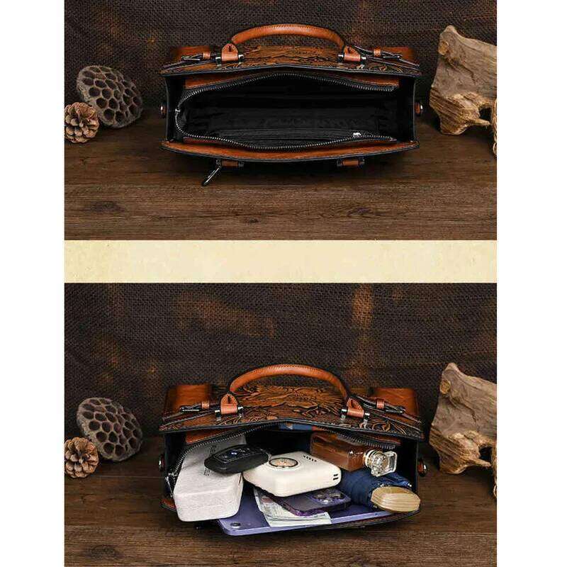NEW Vintage Leather Handbag for Women Chinese Style Crossbody Floral Print Mother's Day Gift Purse Shoulder Bag