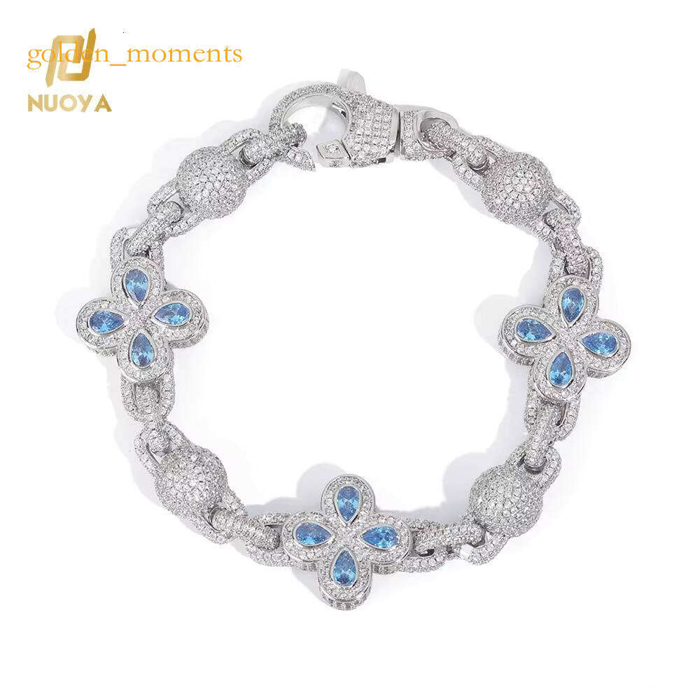 NUOYA Hip Hop Miami Cuban Bracelet Sier Gold Plated Iced Out Flower Cross Four Leaf Clover Dia Chain Jewelry