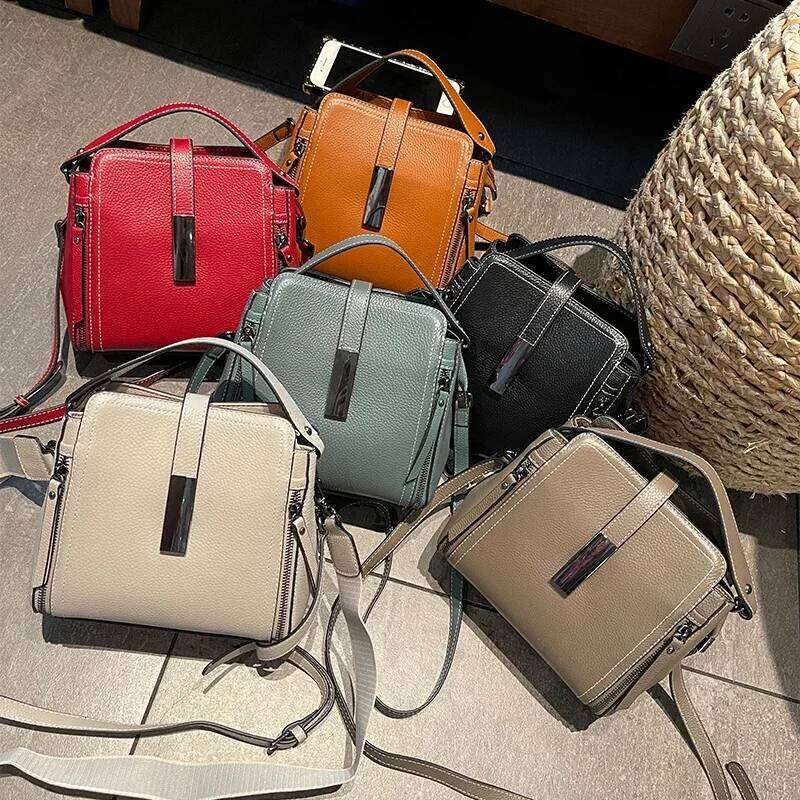 Women's Top Layer Cow Genuine Leather Versatile Handbag Female High Quality Shoulder Ladies Commuting Crossbody Bucket Bag