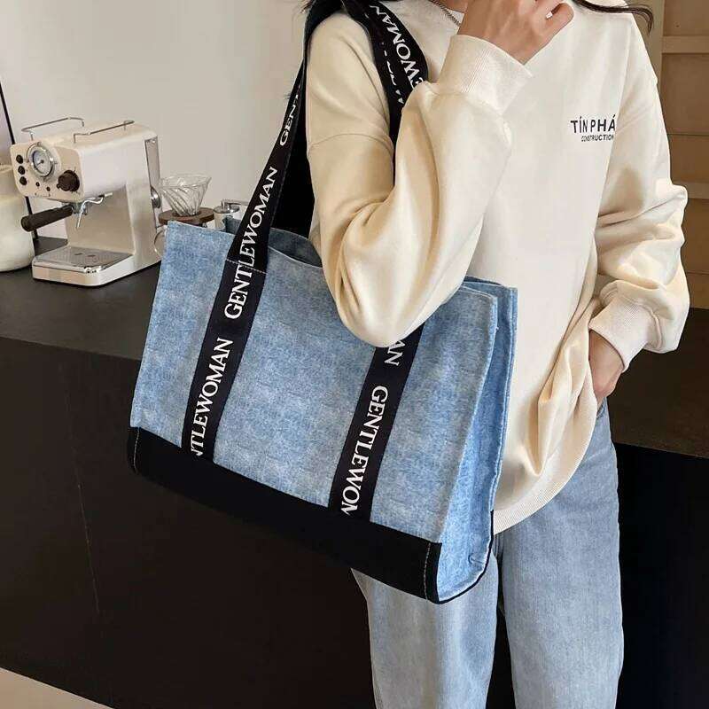 Canvas Tote Women Letter Print Shoulder Bag Stylish Colorblock Work Purse Fashion Office Commute Handbag