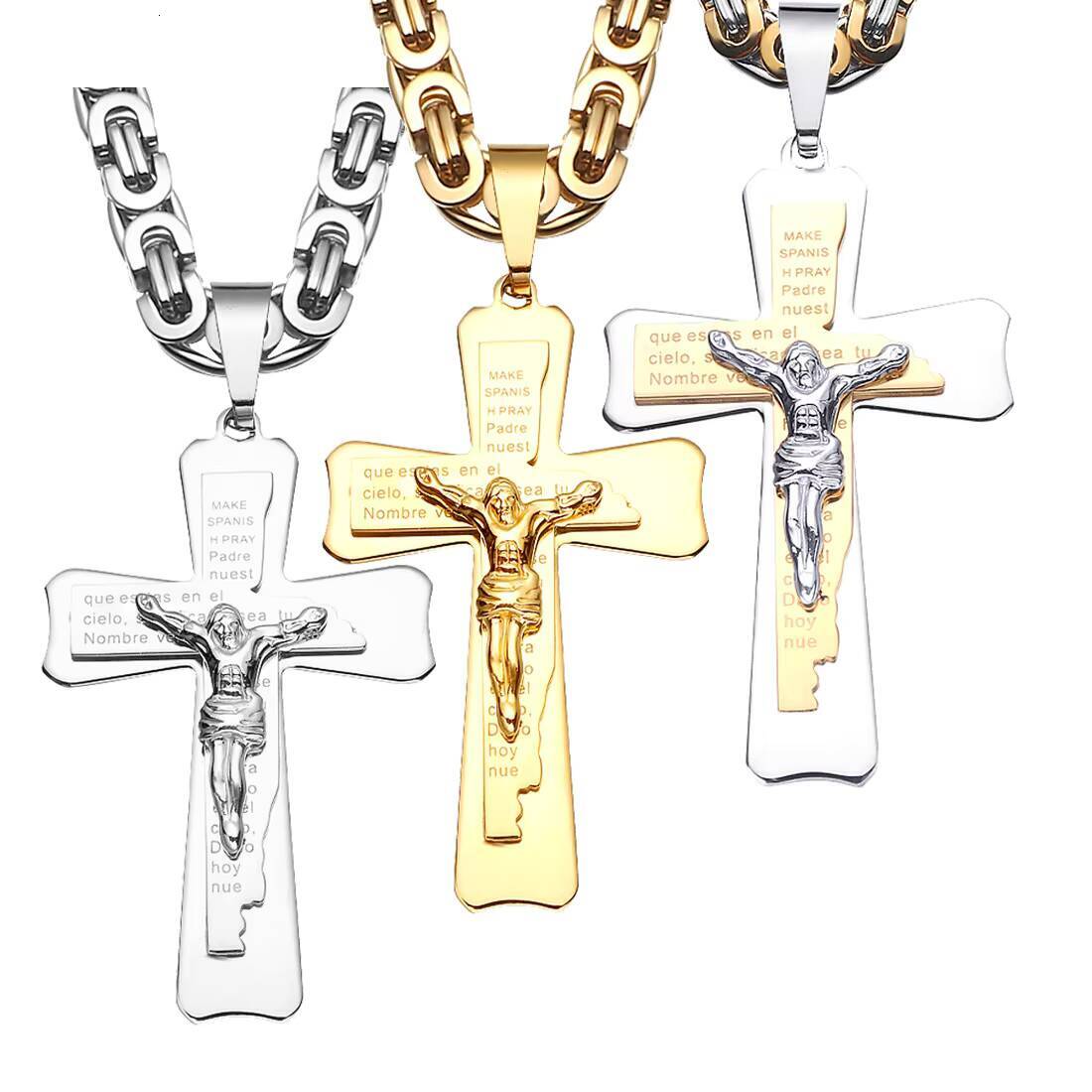 Stainless Steel Cross Jesus Pendant Necklace for Men Women in Gold Silver Black Pendant Solid Snake Chain Necklace Hip-hop