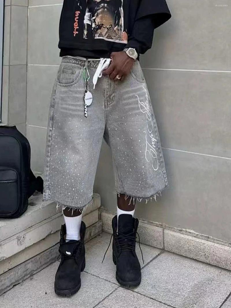 Men's Shorts Vintage Washed Rhinestone Denim Jeans Hip Hop Letter Embroidery Sequin Shiny Baggy Short Low Waist Over The Knee Pant