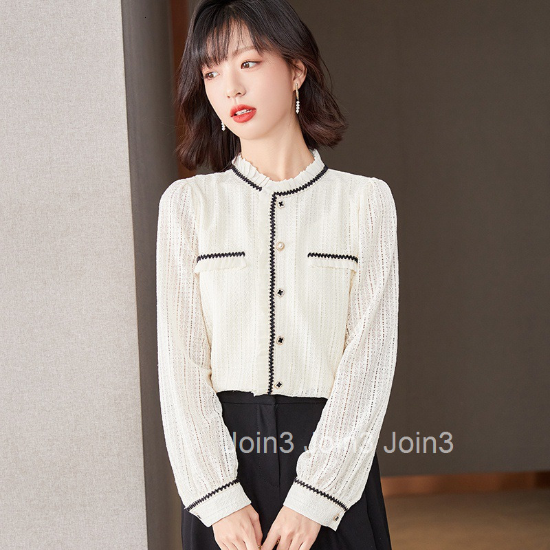 Spring and Autumn New Sweet Round Neck Lantern Long Sleeve Shirt for Women Plus Size Lace Blouse Niche Shirt Top