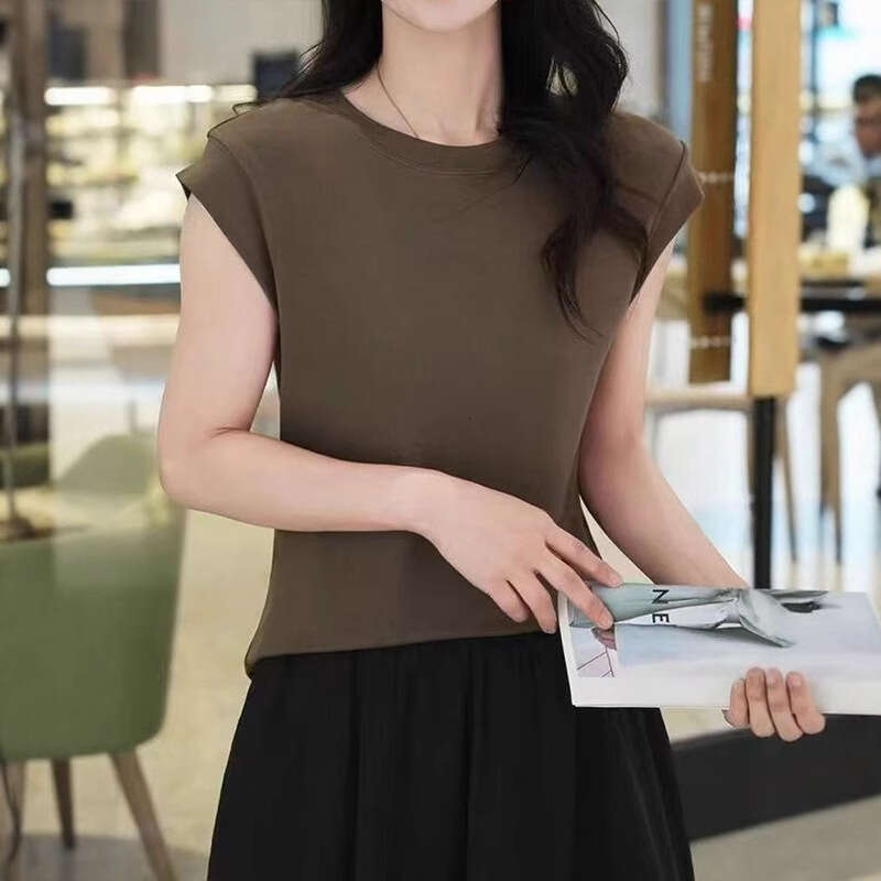 sxzy Short Sleeve T-Shirt Women with Small Flying Sleeves, 2025 New Fashionable Slimming Solid Color Top for Summer