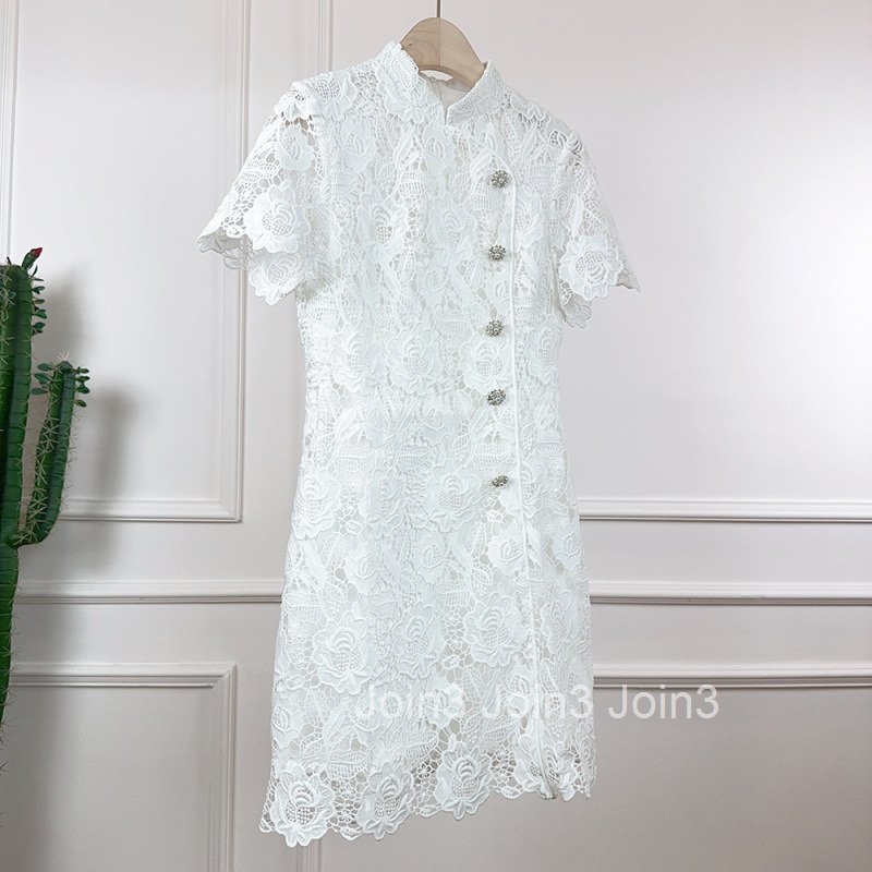 Summer New Style New Socialite Chinese Style Small Fragrance Style Stand Collar Elegant Embroidered Floral Hollow Waist Slimming Short Sleeve Dress
