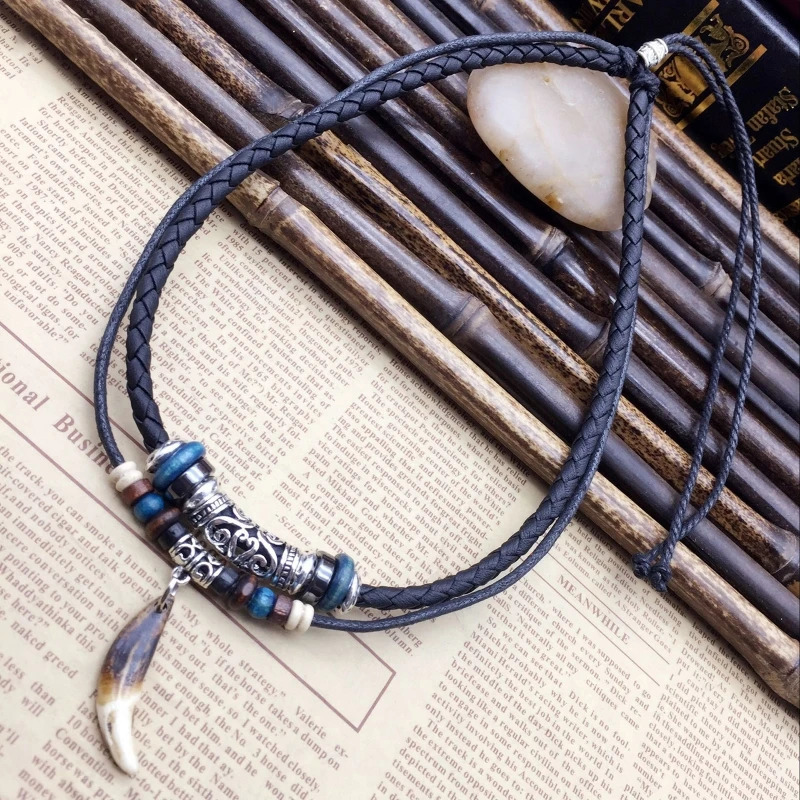 Vintage Tribal Style Boho Leather Necklace Hipppie Double Layered Braided Beaded Cross Pendant Dog Tooth Necklace Jewelry Gift 250729