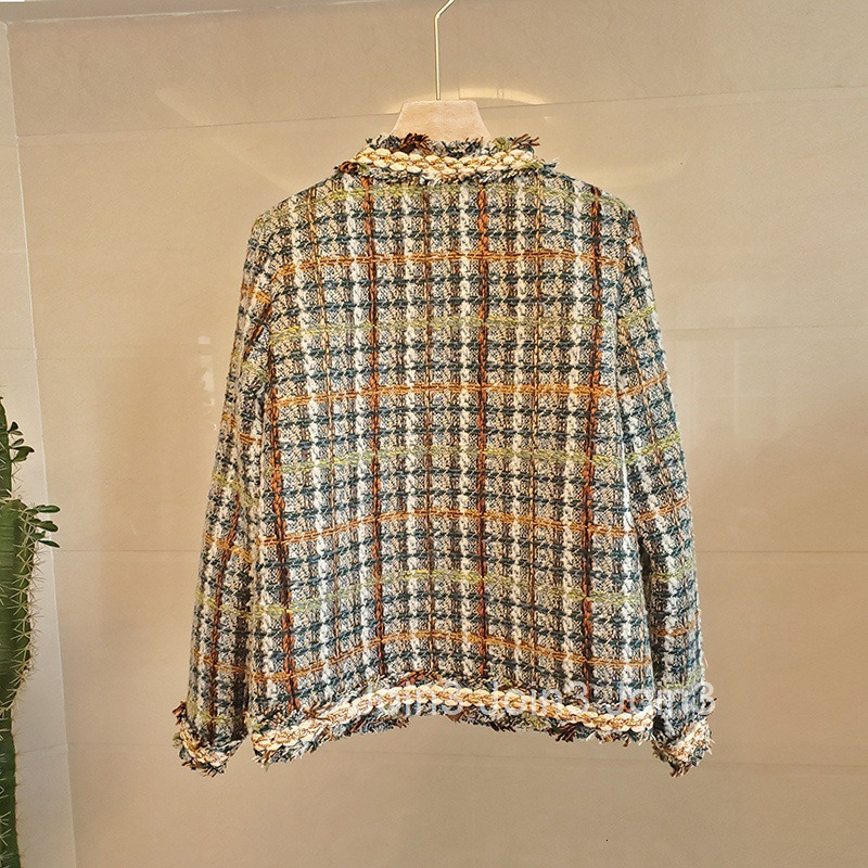 Winter New Small Fragrance Style Round Neck Color-Block Gold Trim Single-Breasted Warm Short Coat for Women Long Sleeve Tweed Coat