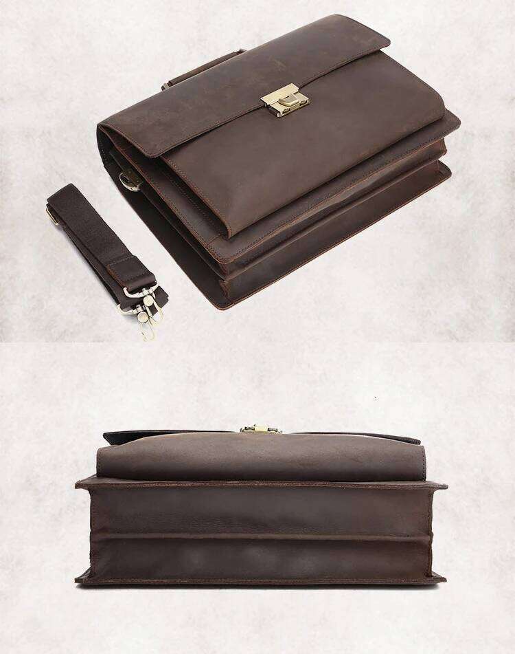 Vintage Genuine Business Briefcase Men Leather 14"inch laptop Bag Tote attache case with coded lock Handbag Shoulder bag