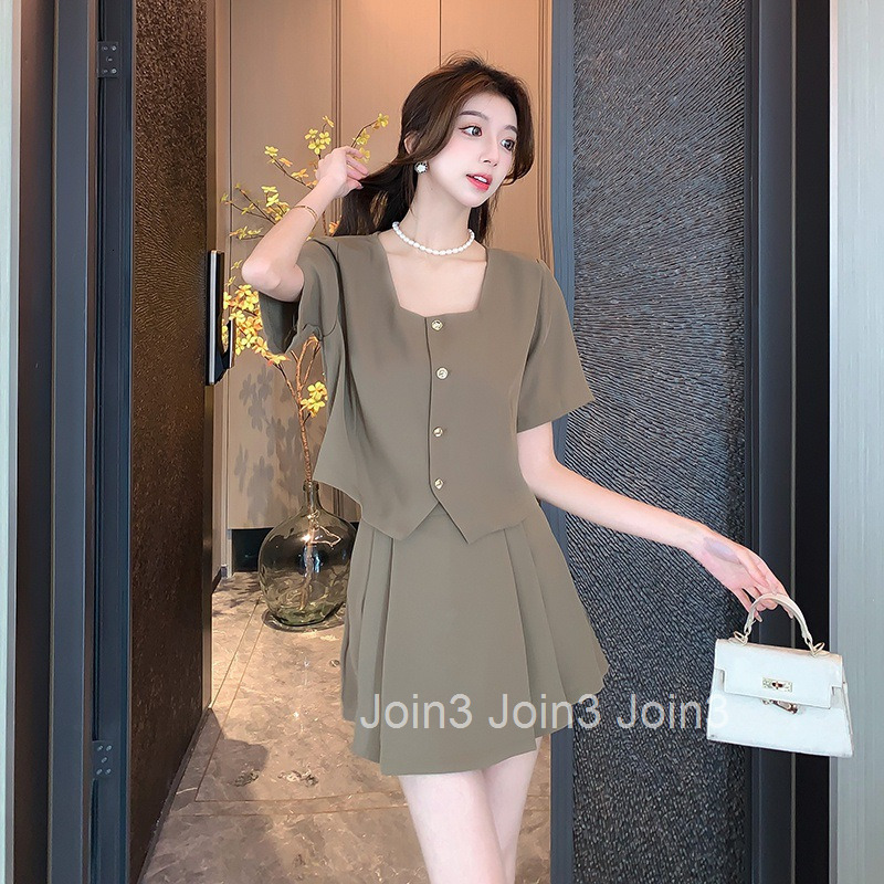 Summer New French Fashion Slimming Square Neck Short Sleeve Top + Shorts Skirt Two-Piece Set for Women