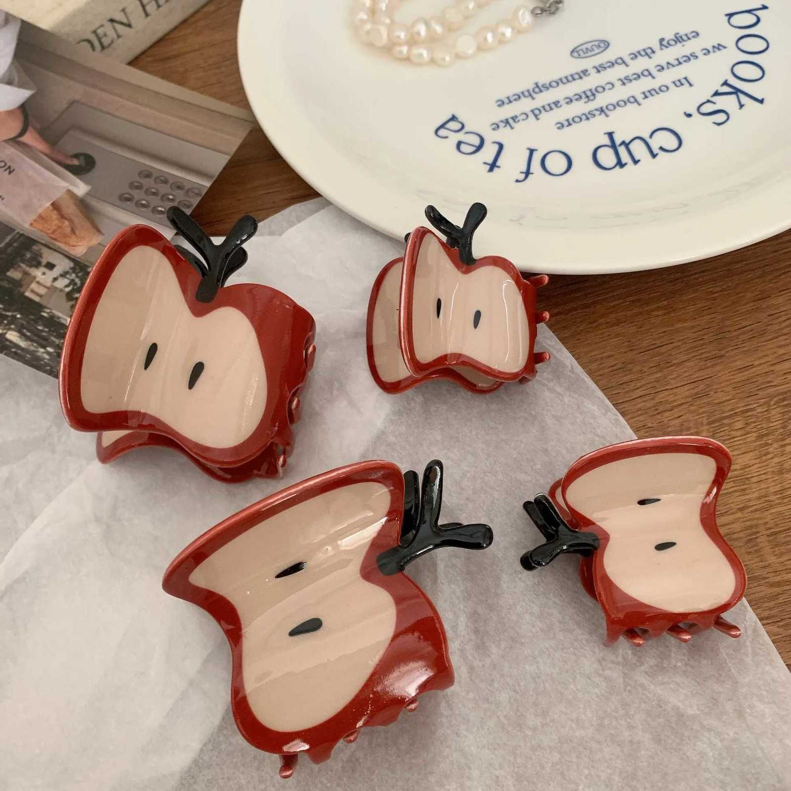 Woman Korean Style Cute Red Little Apple Design Acrylic Hair Claws Lady Sweet Fruit Side Clips Girls Fashion Hair Accessories Z250729