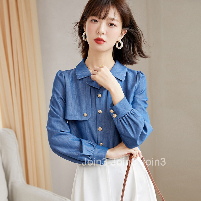 Spring and Autumn New Plus Size Womens Fashion Denim Long Sleeve Shirt Unique Chic Blouse Trendy
