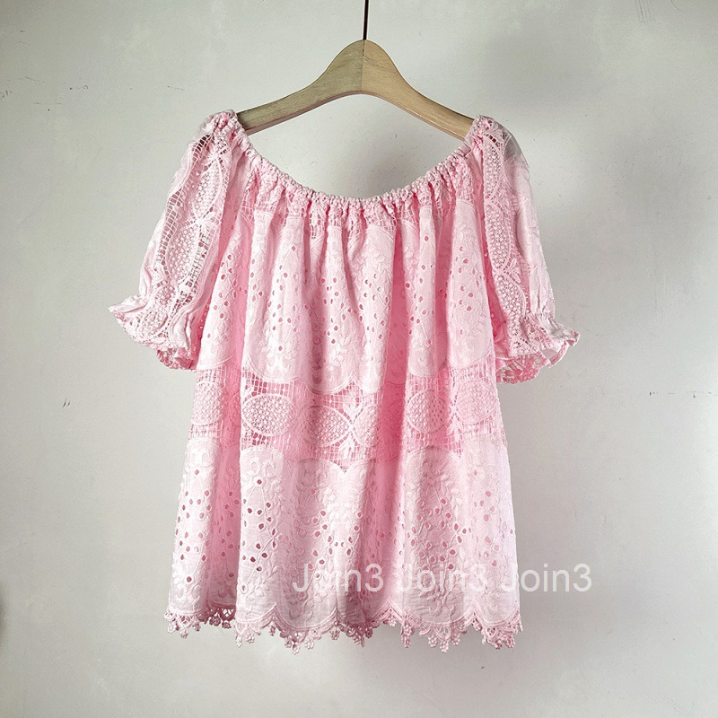 2025 Summer New Design Sense Niche Slimming Short Sleeve Top Fairy Off-Shoulder Lace Blouse for Women