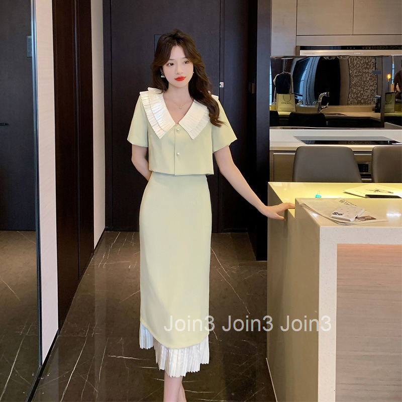 Summer New Womens Fashion Small Fragrance French Slim Lapel Short Sleeve Shirt Top+Half length Midskirt Set