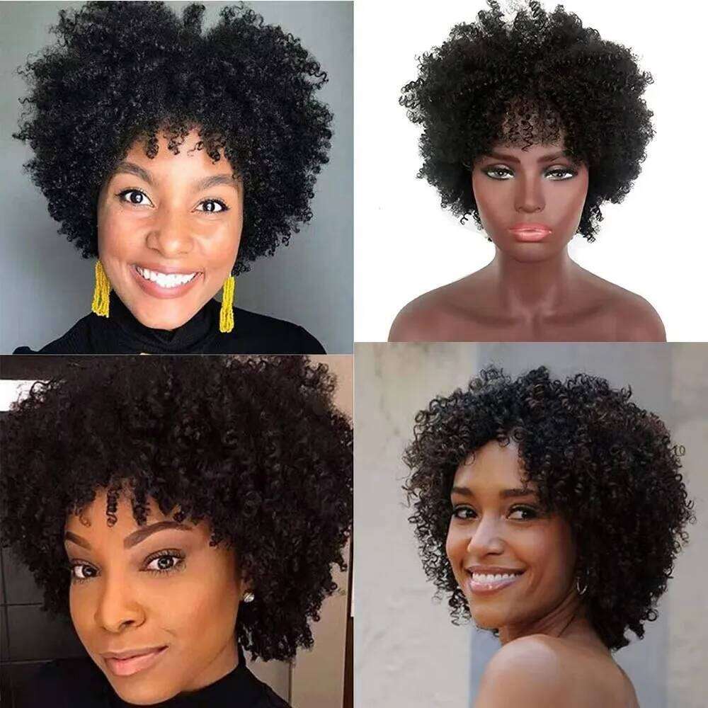4A Afro Kinky Wigs With Bangs Short Curly Human Hair for Black Women 180% Density Full hine Made Wig