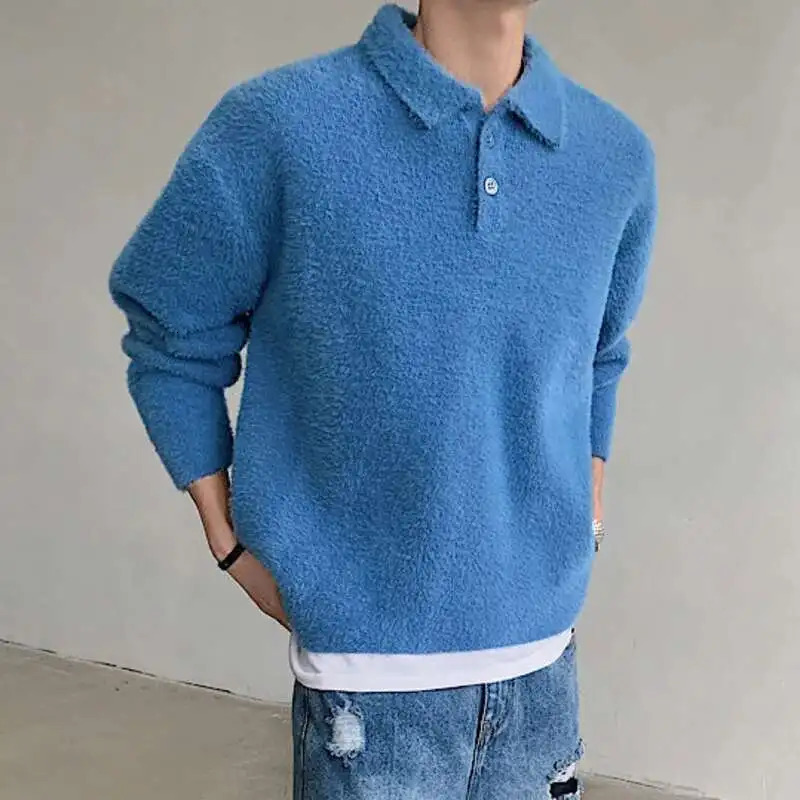 IEFB Korean Style Mens Knitting Tops Turndown Collar Button n Mohair Solid Color Sweater Loose Male Pullover Knits 9C8625 250729