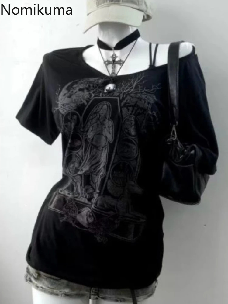 Punk Streetwear T Shirts 2025 Womens Clothing Y2k Tops Print Casual Summer Camisetas Ropa Mujer Off Shoulder Fashion Tshirt 250724
