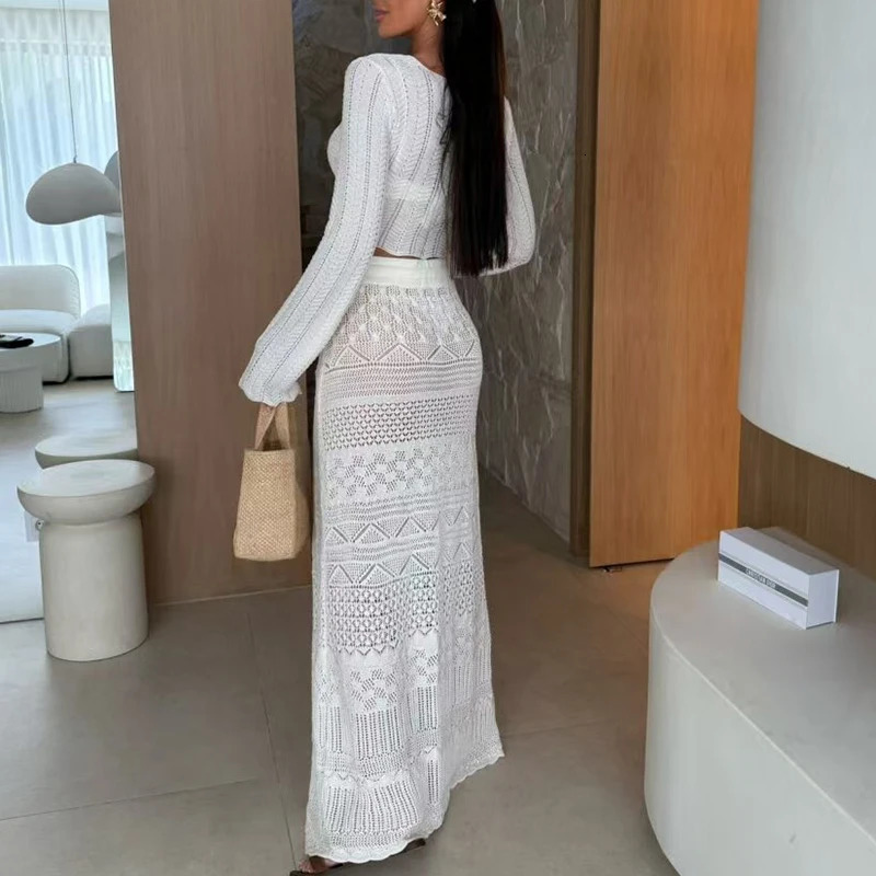 Long Sleeved Knitted Beach Two Piece Sets Womens Vneck Top with Skirt Sexy Suit White Slim Jacquard Outfit 250729