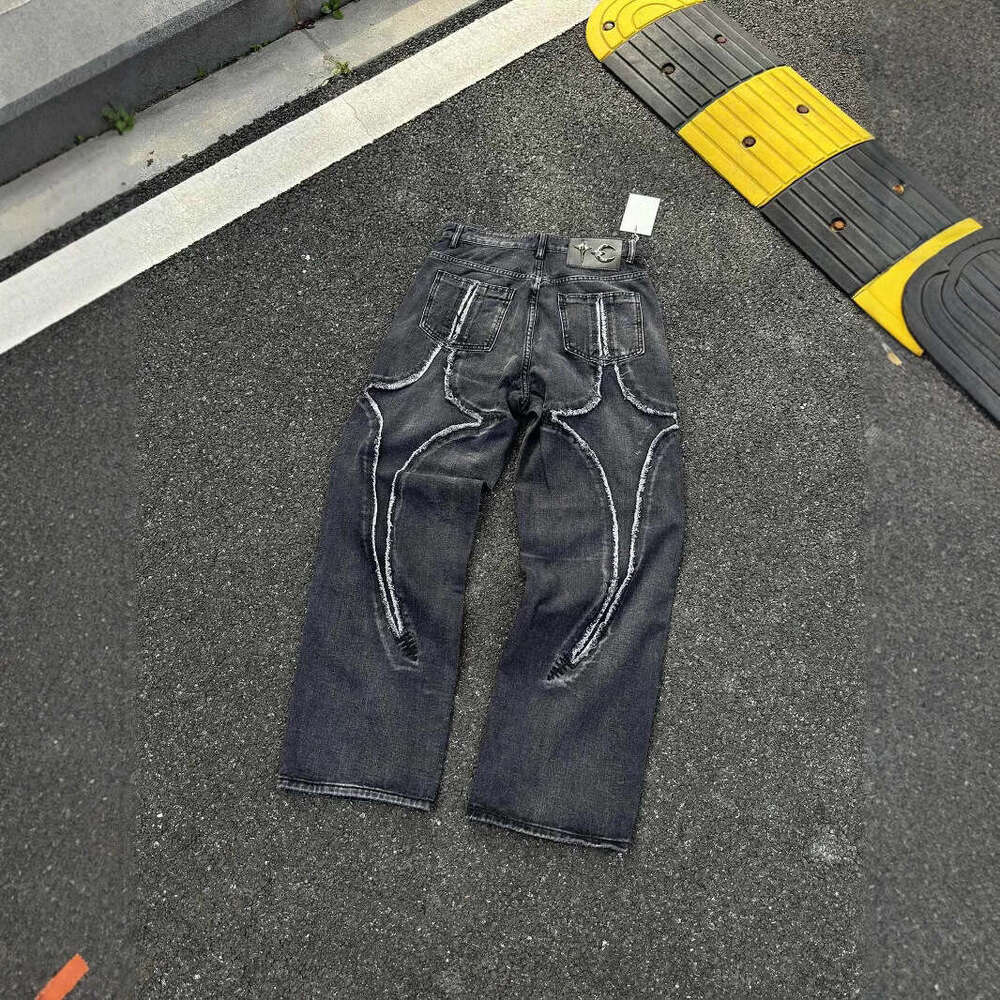 ThugClub24FW Park Jae Fan Same Style Laser Patchwork Scythe Pattern Embroidered Mid-Waist Loose Jeans