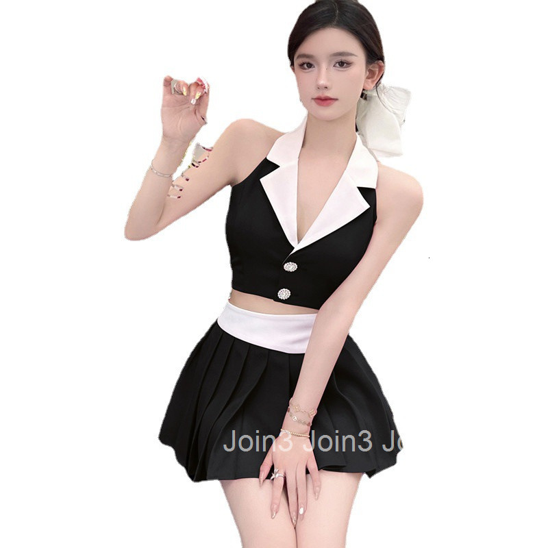 Korean Chic Nightclub Sexy Outfit for Women Summer Fashion Suit Collar Short Top Pleated Skirt Two-Piece Set Internet Celebrity