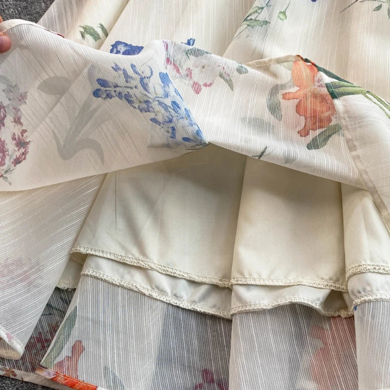 Female Fashion Floral Elegant Retro Two Piece Set For Women O Neck Long Sleeve Tops High Waist A-Line Skirt Set 250728