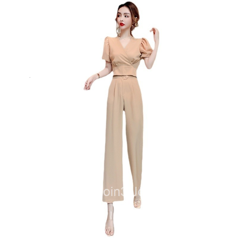 Summer Fashion Elegant Internet Celebrity V-Neck Short Sleeve Top + Slimming Long Pants Set Women Two-Piece Set