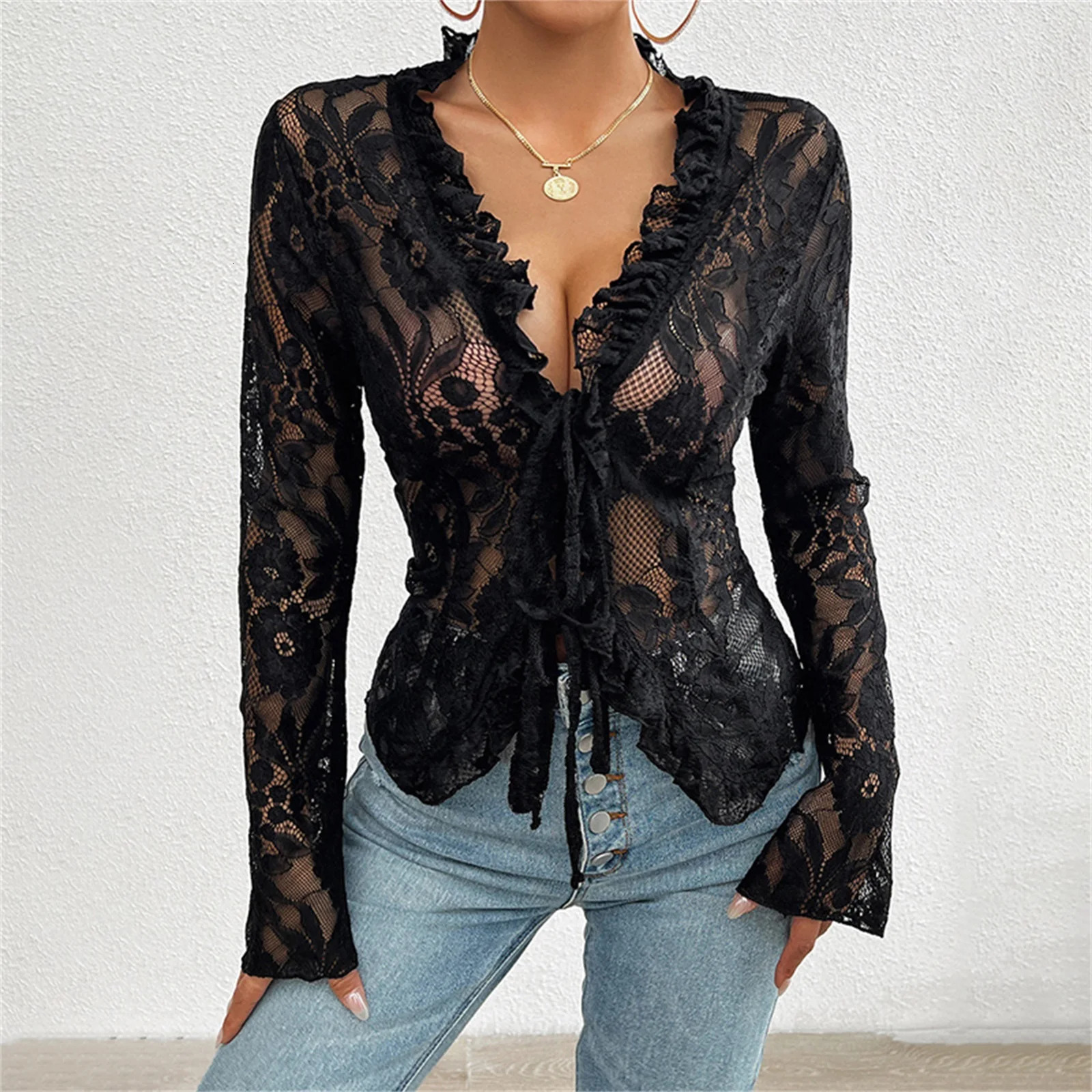 Sexy Women Mesh Lace TShirts Long Sleeve Tops Transparent Casual Sheer Basic Tie Front Shirt Blouses for Club Aesthetic Clothes 250729