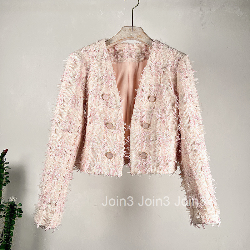 Autumn Winter New Elegant French Style V-Neck Tassel Double-Breasted Short Long Sleeve Coat Womens Top