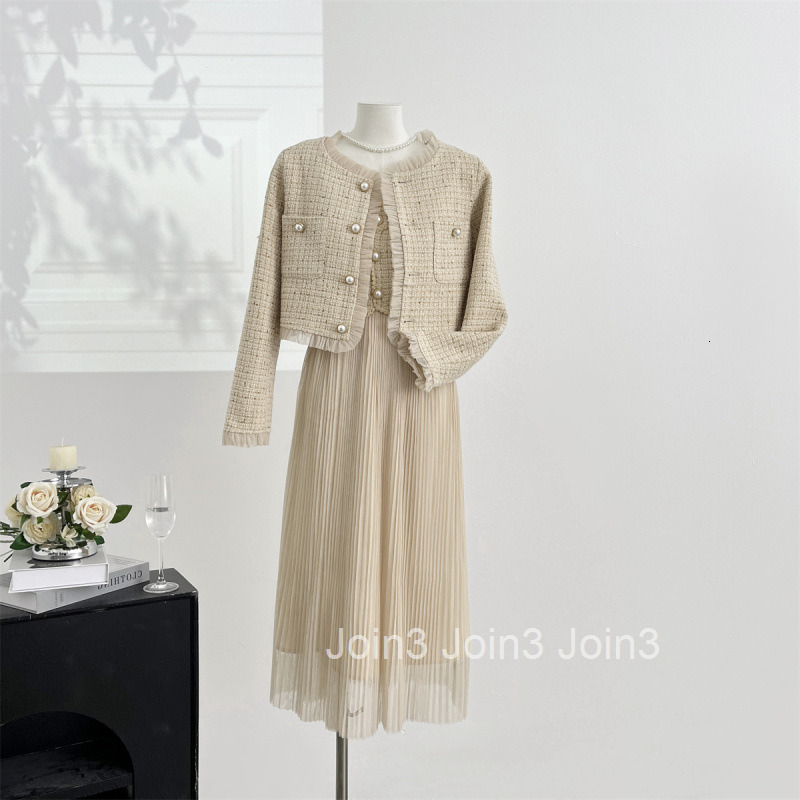 Autumn Winter New Socialite Style Skirt Set Long Sleeve Short Jacket + Mesh Pleated Strap Dress Two-Piece Set for Women