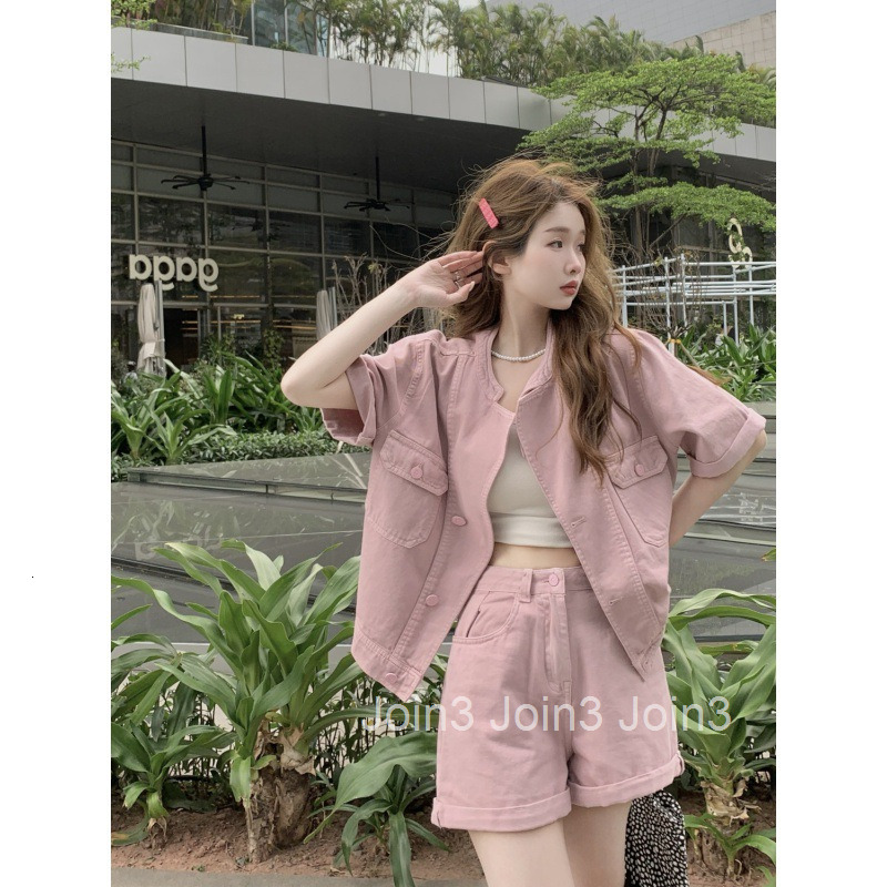 Summer New Design Loose Short Sleeve Denim Jacket Wide Leg Shorts Womens Fashion Set