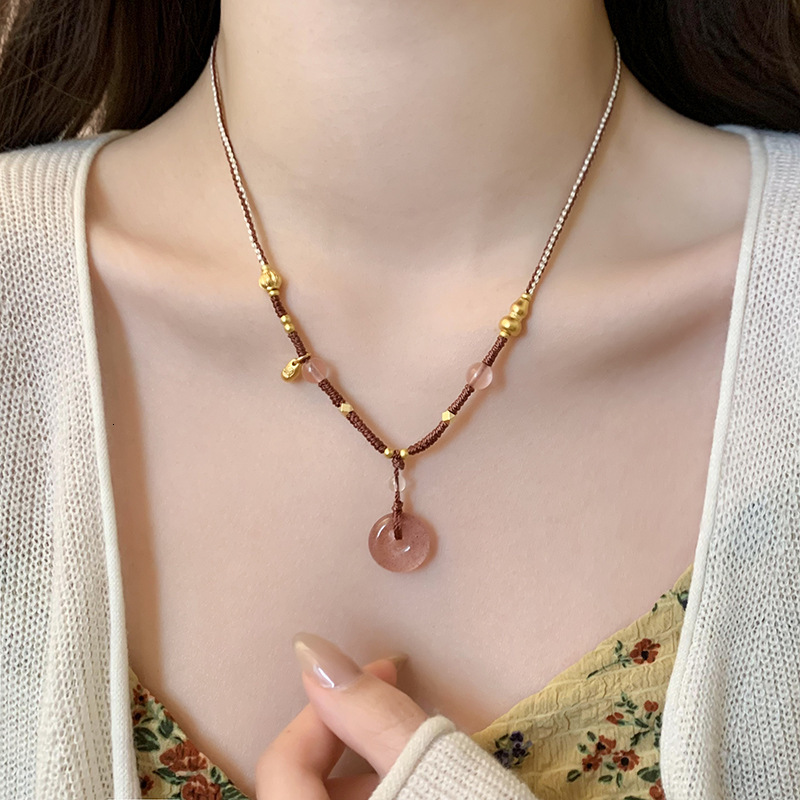 Chinese Style Pink Peace Buckle Braided Rope Pendant Necklace for Women 2025 New Jewelry High-end Light Niche Choker Jewelry for Women