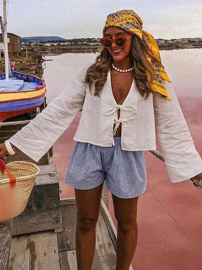 Cross-Border European and American Women's Fashion INS Internet Celebrity Hot-Selling Deep V Flared Sleeve Tie Top - In Stock, Safe to List