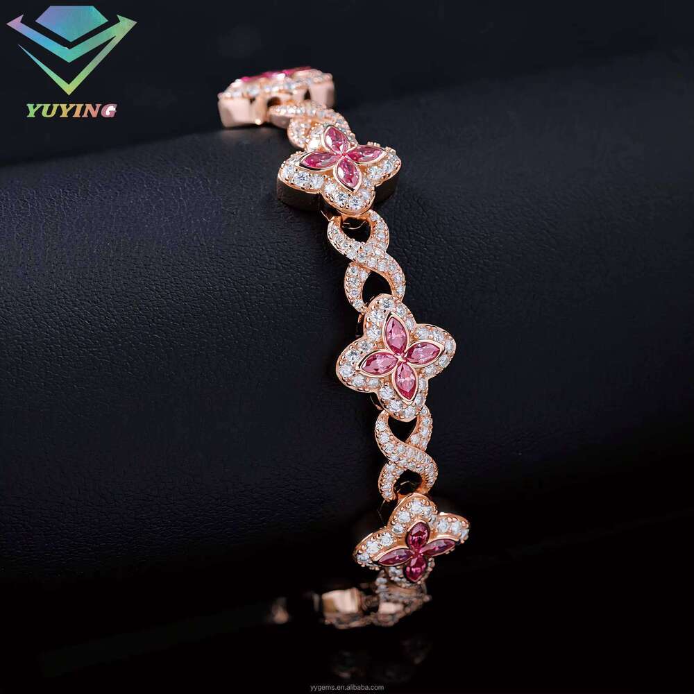 Fashion Gold Plated S Sterling Sier Clover Blue Pink Green Dia Cuban Moissanite Bracelet with GRA Certificate