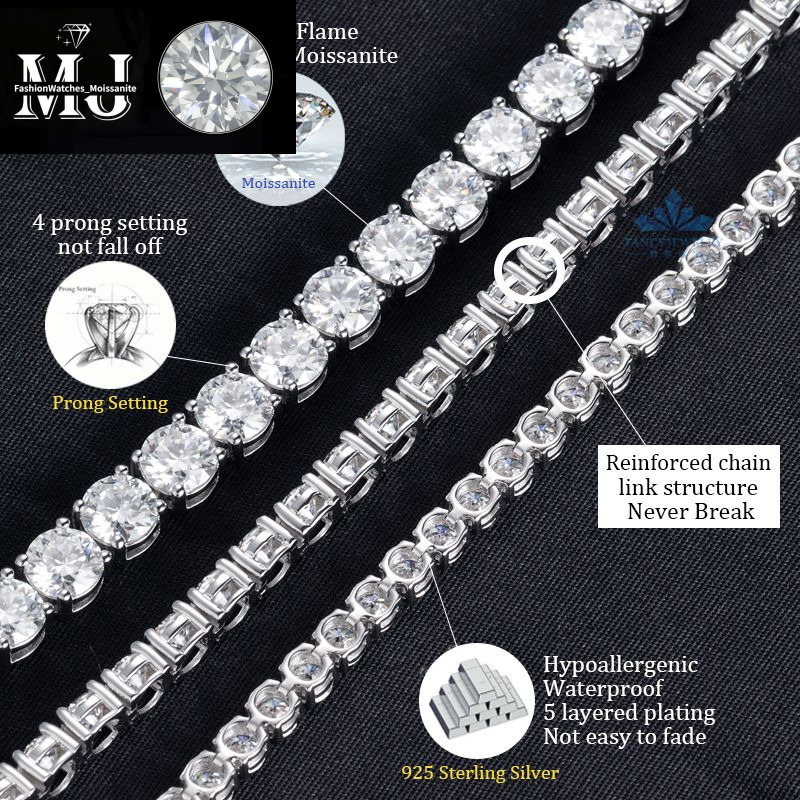 necklace Hip Hop Sterg Sier 2mm 3mm 4mm 5mm 6.5mm VVS Moissanite Dia Necklace moissanite tennis chain