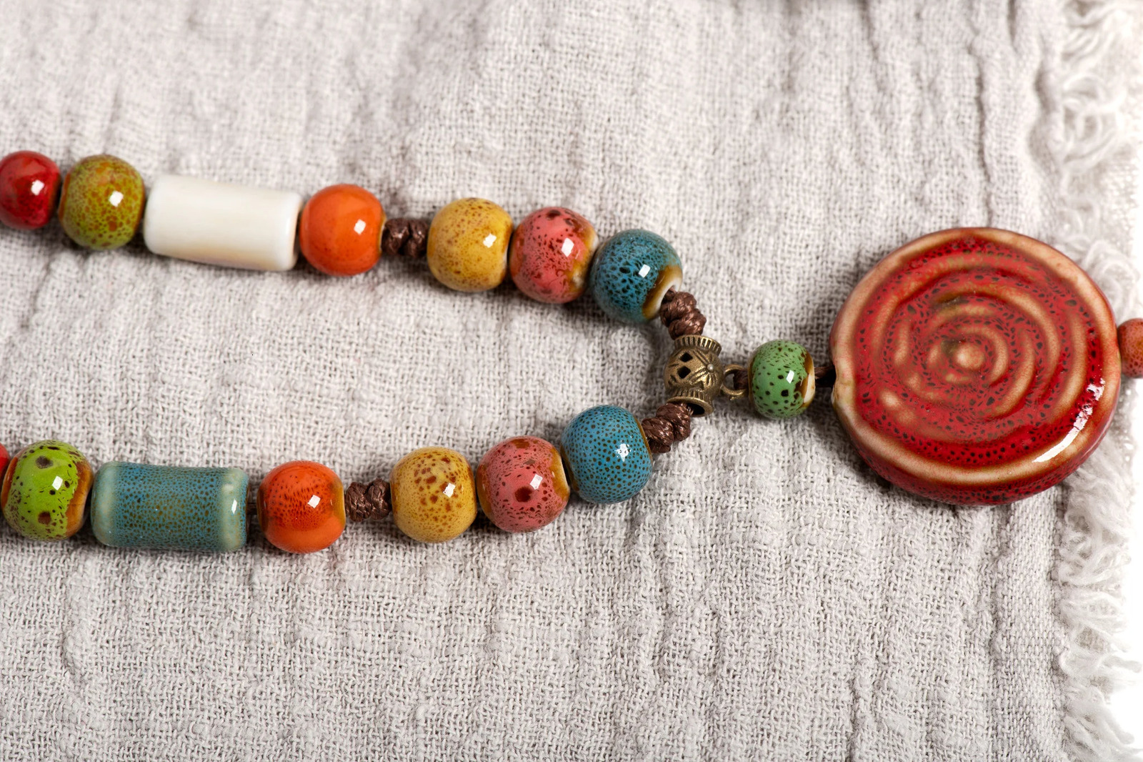 Handmade Red Pattern Ceramic Necklace Adjustable Vintage Pendant Boho Long Necklace Accessories 1107 250729