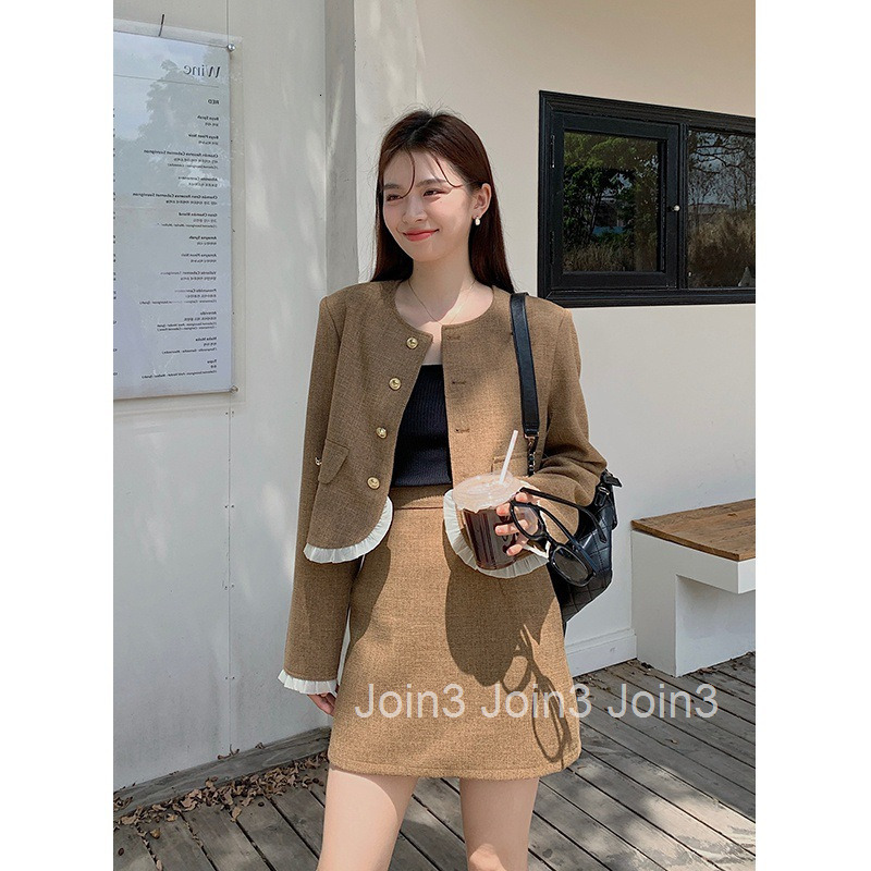 Autumn Winter New French Style Small Fragrance Round Neck Single-Breasted Long Sleeve Jacket and Short Skirt Set for Women