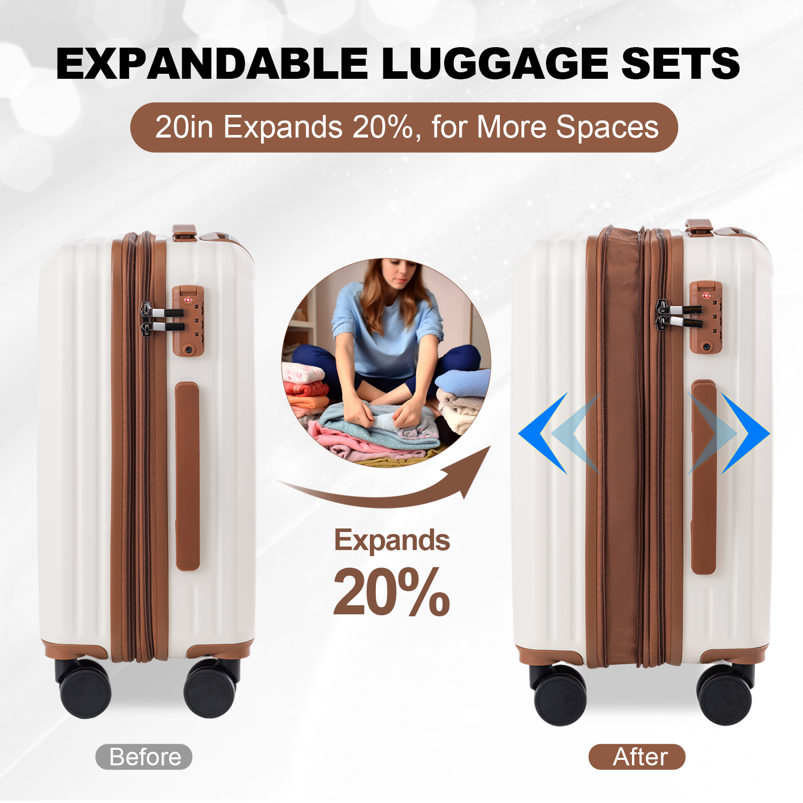 20" White and Black Expandable Carry-On PC Luggage Set Business Luggage Travel Suitcase maleta koffer with TSA lock with Duffle bag