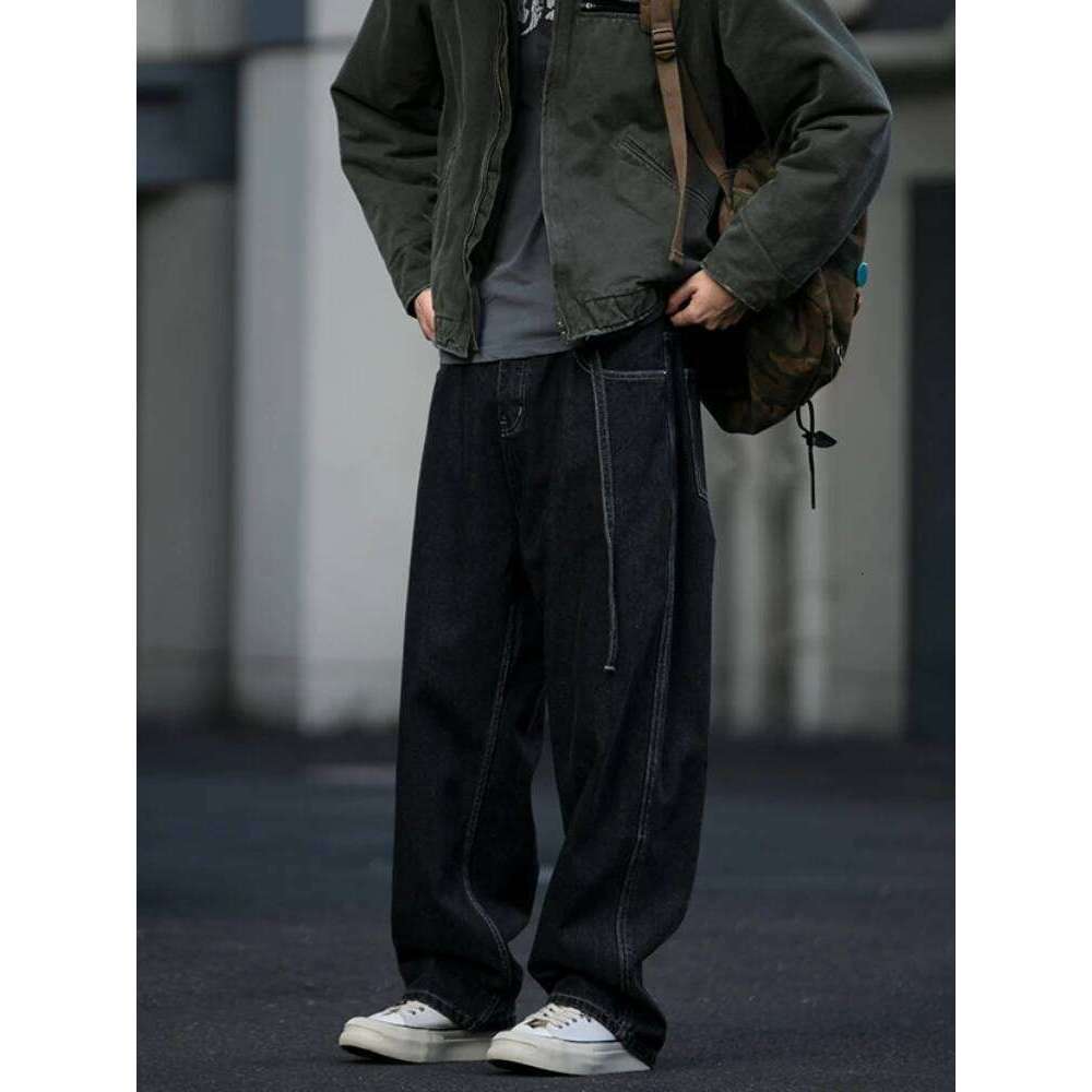 Japanese Streetwear High Quality Tied Jeans Mens Clothing Black Straight-Leg Denim Cargo Pants Haruku Casual Trousers Male 250726