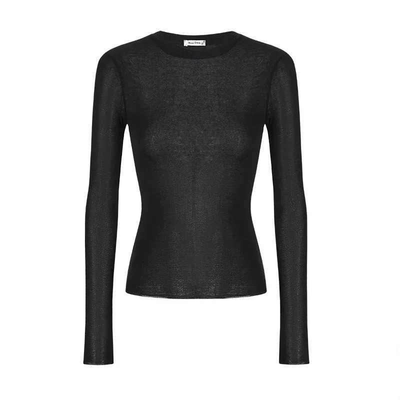 High Quality Plain Women Cotton T Shirt Elastic Basic Tshirts Female Casual Tops Long Sleeve Sexy Thin Tshirt See Through w250729
