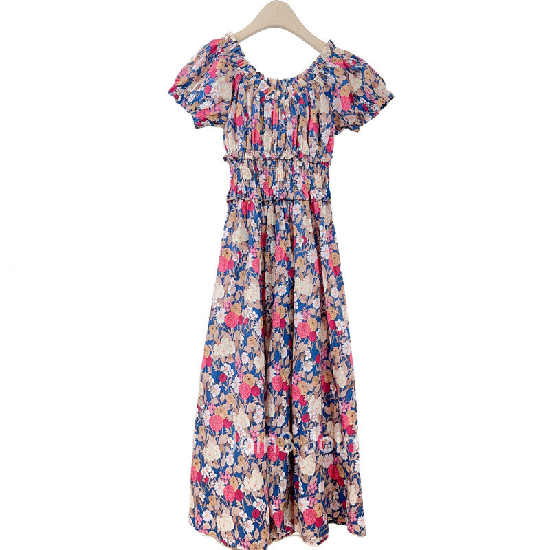 25 Summer New Round Neck Waist-Cinching Slimming Floral Print Short Sleeve Dress Lightweight Cool Long Dress