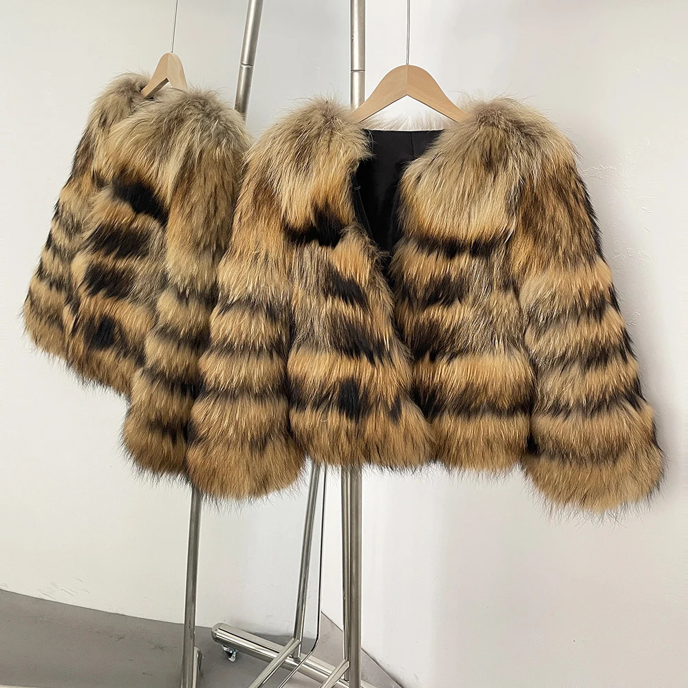 0FBUY Wholesale Natural Raccoon Fox Fur Coat Fluffy Fur Clothing Outerwear Streetwear High Quality Winter Jacket Women 250723