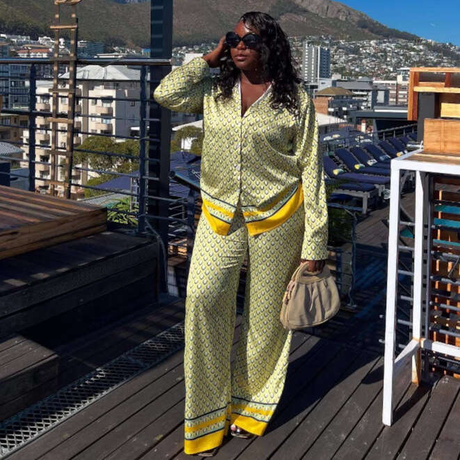 Women's Long Sleeve Cardigan Shirt Wide Leg Pants Printed Plus Size Casual Stylish Versatile Two-Piece Set B5