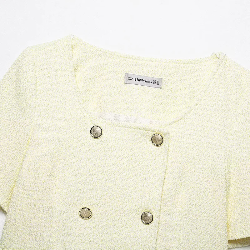 100% Cotton Womens Fashion With Pockets Solid Double Breasted Jackets Vintage Square Collar Short Sleeves Female Chic Lady Outfits 250729