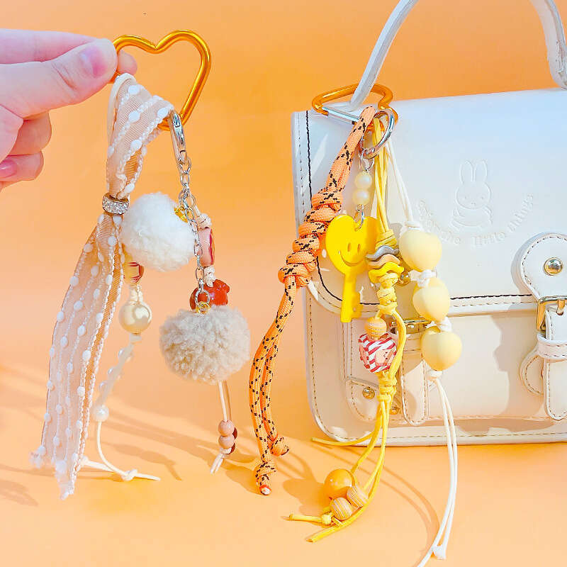 2025 Miu Series Cute Woven Lace Warm Orange Keychain Car Bag Pendant Girly Heart Ins Style Decorative Small Accessories