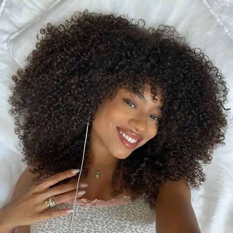 With Bangs 250% Density Glueless Short Curly Human Hair Wigs For Black Women Bob Afro Fringe Wig