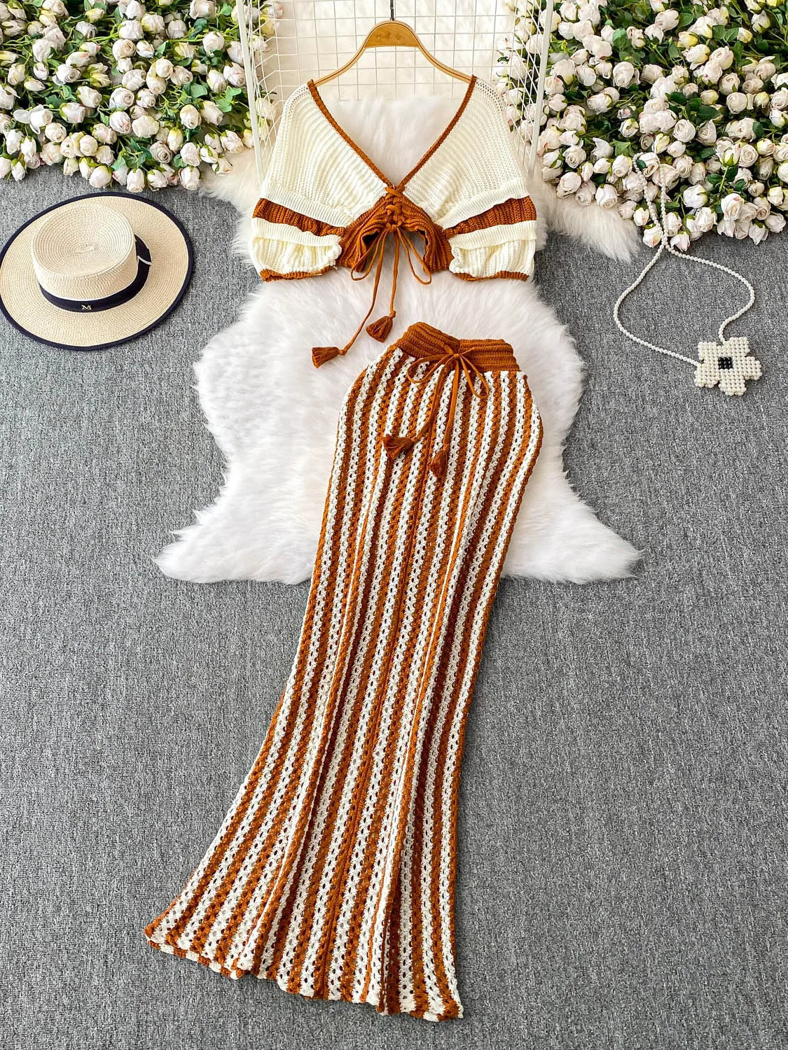Summer Women Deep Vneck Short Sleeve Knitted Tops High Waist Lace Up Striped Long Wrap Skirt Twopiece Set 250729